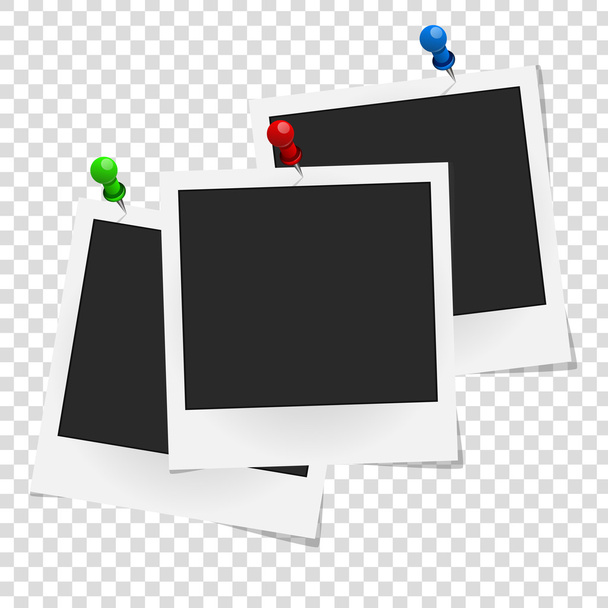 Sada realistická vektorová fotorámečky na barevné kolíčky. Šablony design foto. Vektorové ilustrace - Vektor, obrázek