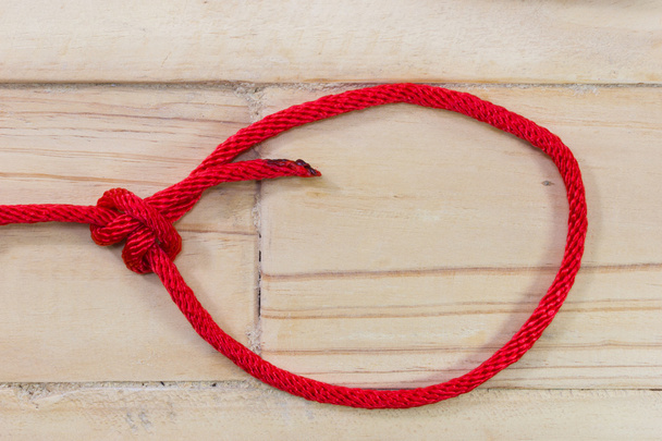 bowline knot made from red synthetic rope, tightening on wooden background. - Photo, Image