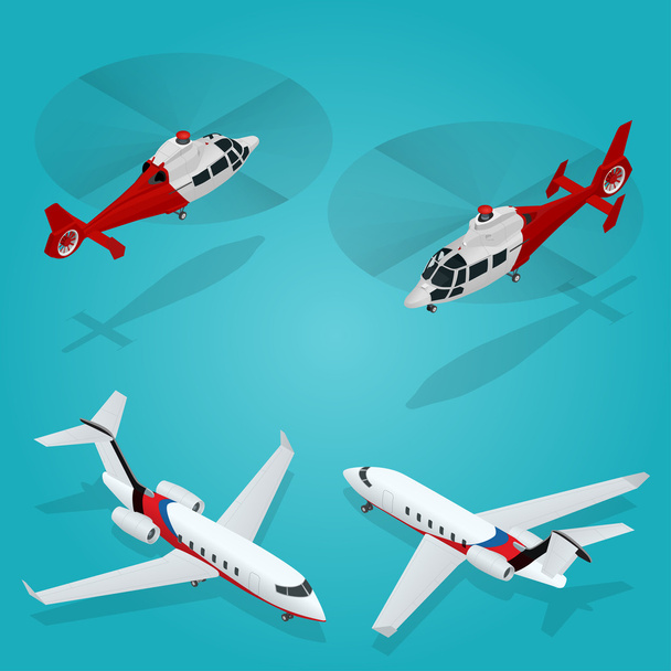 Passenger Airplane. Private jet. Passenger Helicopter. Isometric Transportation. Aircraft Vehicle. Air Transportation. Vector illustration. - ベクター画像