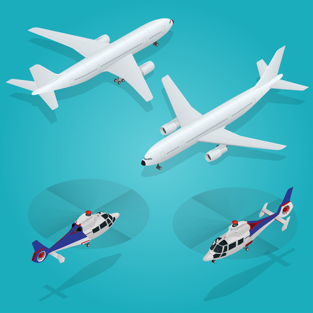 Passenger Airplane. Passenger Helicopter. Isometric Transportation. Aircraft Vehicle. Air Transportation. Vector illustration. - Vektör, Görsel