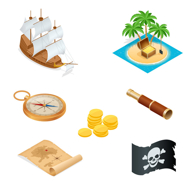 Isometric Pirate accessories flat icons. Collection with wooden treasure chest and black jolly roger flag. Vector illustration - Vektor, Bild