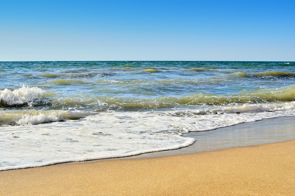 Fal morskich umyć plaży przeciw błękitne niebo - Zdjęcie, obraz