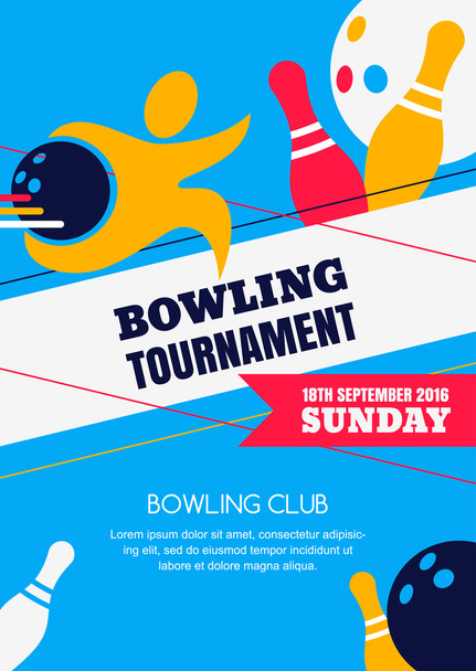 Vector bowling tournament banner, poster or flyer design template. Flat layout background with human silhouette, bowling ball and pins. Abstract illustration of bowling game. - Vector, afbeelding