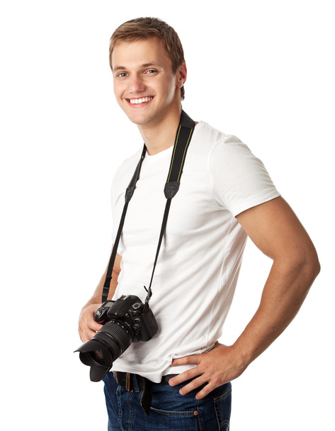 портрет красивого молодого чоловіка з фотоапаратом
 - Фото, зображення