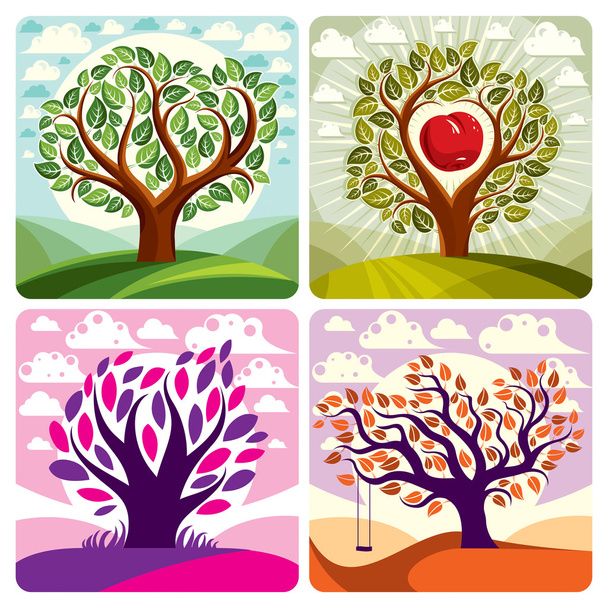  trees on beautiful spring and autumn landscapes - Vector, Image