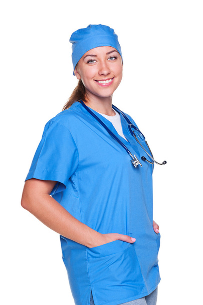 Infirmière souriante en uniforme bleu
 - Photo, image