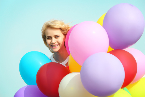 Happy woman with colorful balloons  - Zdjęcie, obraz