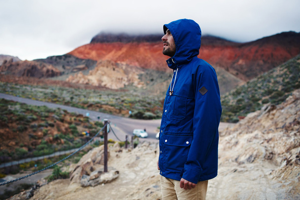 Молодой путешественник, стоящий у горы
  - Фото, изображение