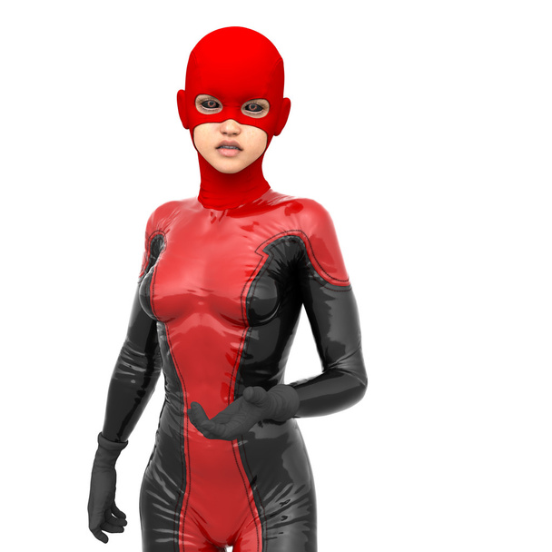 una chica adolescente usando un traje de látex rojo super negro
 - Foto, imagen