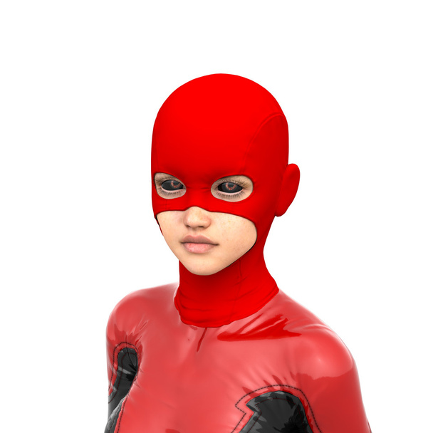 ein Mädchen Teenager trägt einen roten superschwarzen Latex-Anzug - Foto, Bild