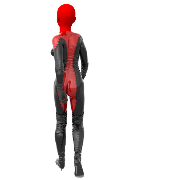 ein Mädchen Teenager trägt einen roten superschwarzen Latex-Anzug - Foto, Bild