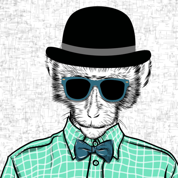 Makaak monkey hipster in een shirt, poster hand getekende illustratie vector. - Vector, afbeelding