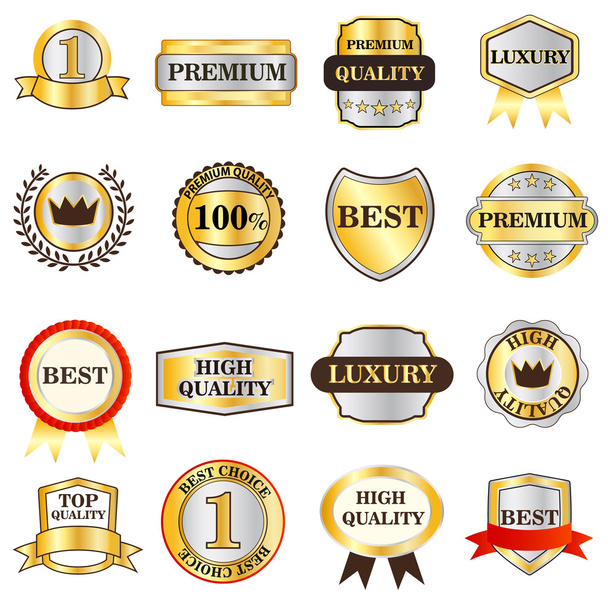 Conjunto de iconos de etiquetas doradas de lujo, estilo 3D isométrico
 - Vector, imagen