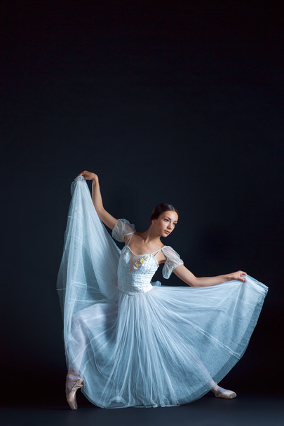 Portrait of the classical ballerina in white dress on black background - Valokuva, kuva