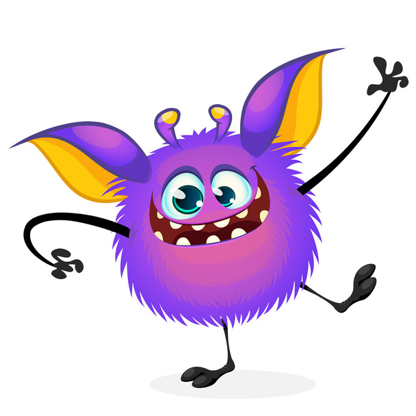 Vector cartoon Halloween monster waving. Furry purple round shaped monster with big ears dancing. Monster game character - Vector, Image