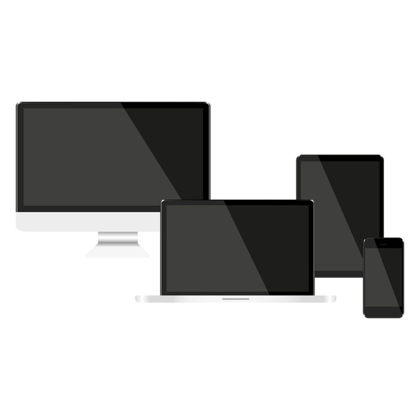 Karanlık ile ağ bilgisayar dizüstü Tablet ve telefon beyaz bir arka plan üzerinde ekranlar - Vektör, Görsel