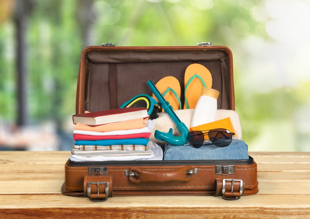 retro suitcase with travel objects - Foto, Imagem