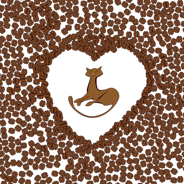 Kahve çekirdekleri kalbinde sevimli kedi - Vektör, Görsel