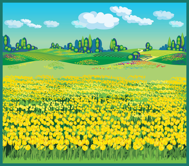 красивый пейзаж с тюльпанами
 - Вектор,изображение