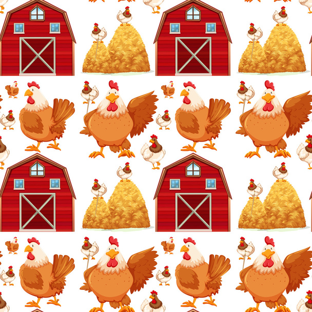 nahtloser Hintergrund mit Stall und Hühnern - Vektor, Bild