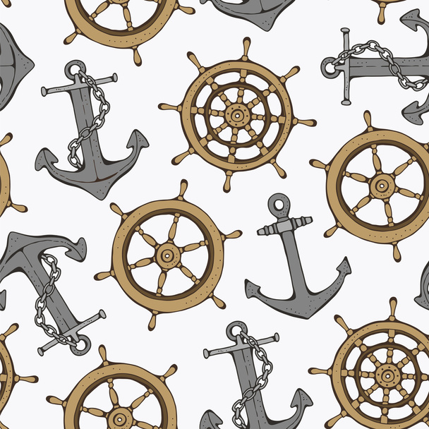 Seamless pattern with steering ship wheel and anchor - Vektor, kép
