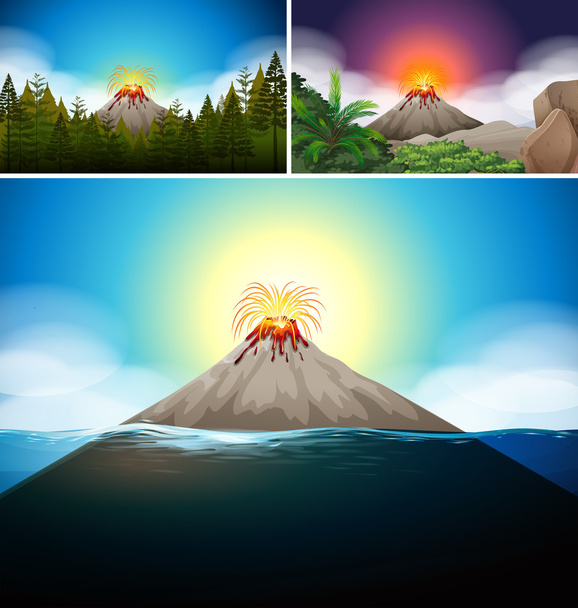 Scenes with volcano in forest and ocean - Vector, Image