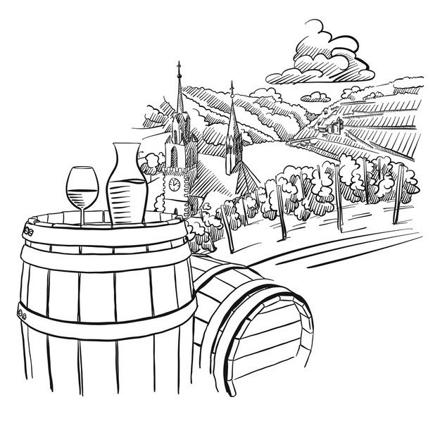 Glas Wein auf Fass vor deutscher Weinbaulandschaft - Vektor, Bild