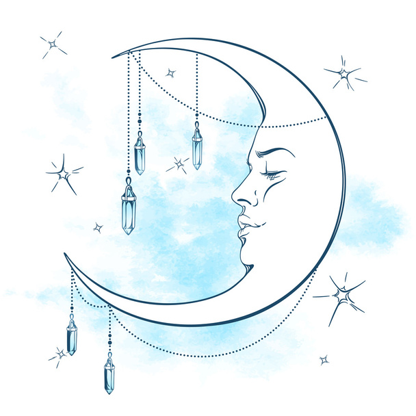 Luna creciente azul con colgantes de piedra lunar e ilustración de vectores de estrellas
 - Vector, imagen