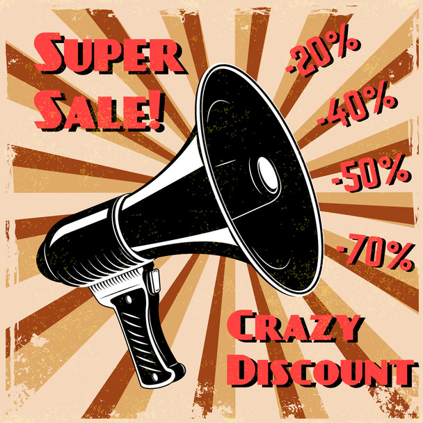 Super sale. Crazy discount. Old style megaphone on grunge backgr - Vector, Image