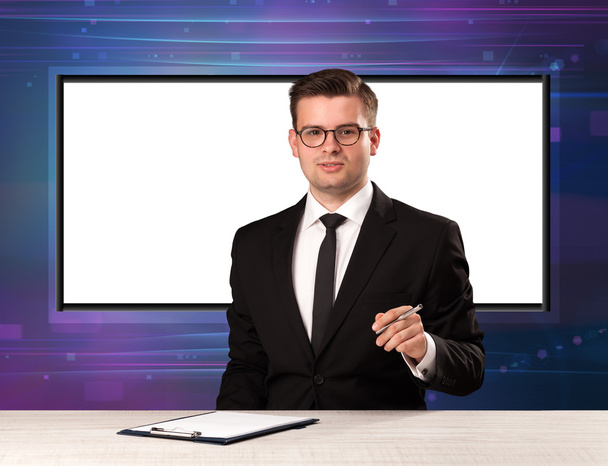 Television program host with big copy screen in his back - Fotó, kép