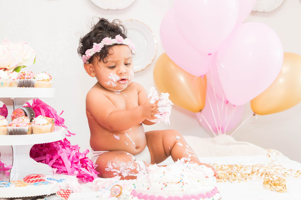 Baby Girl With Cake and Balloons - Фото, изображение
