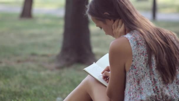 Nuori nainen kirjoittaa päiväkirjaansa puistossa.
 - Materiaali, video