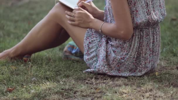 Young woman writes in her diary in the park - Materiał filmowy, wideo