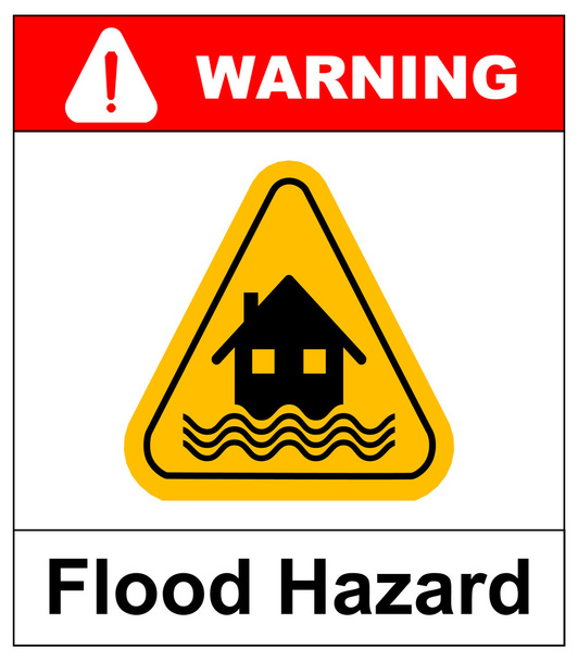 Flutkatastrophe gelbes Zeichen - Haus und Wellen auf gelbem Schild isoliert auf weißem Hintergrund - Vektor, Bild
