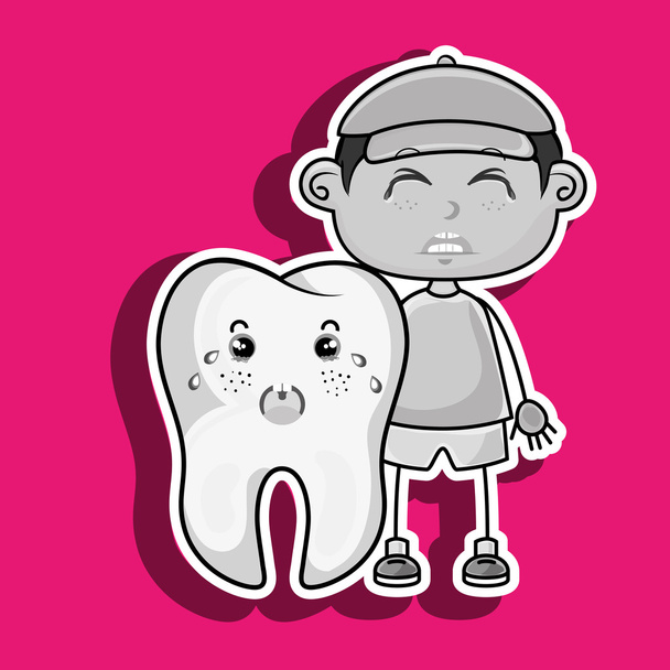 Weinen Cartoon Junge und Zahn für ein Zahnweh - Vektor, Bild