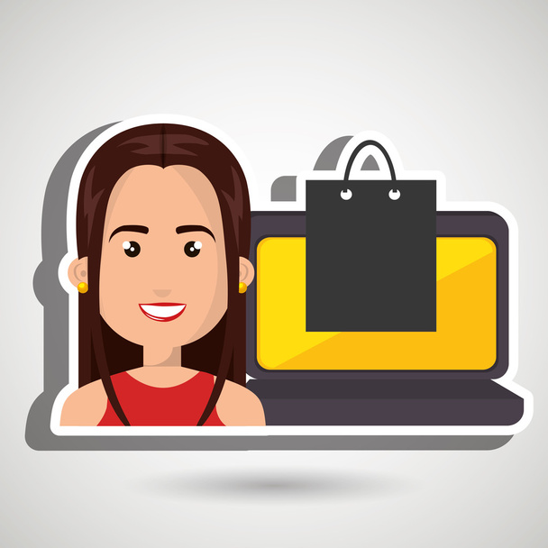 kobieta kreskówka obok laptopa i czarna torba na zakupy - Wektor, obraz