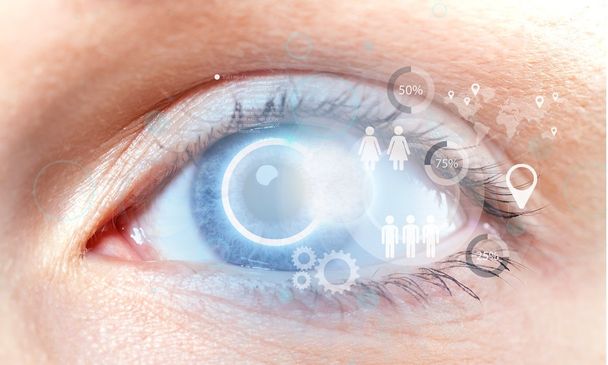 female eye with digital hologram - 写真・画像