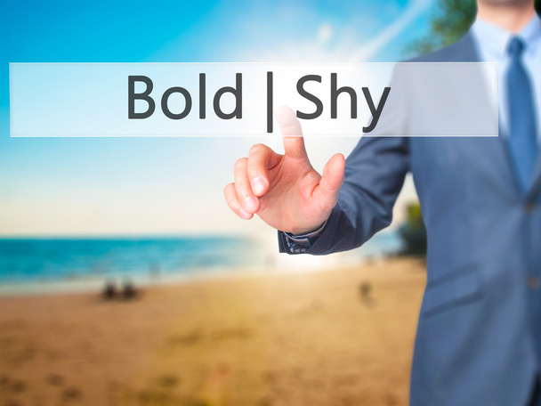 Bold Shy - Businessman hand touch  button on virtual  screen int - Photo, Image