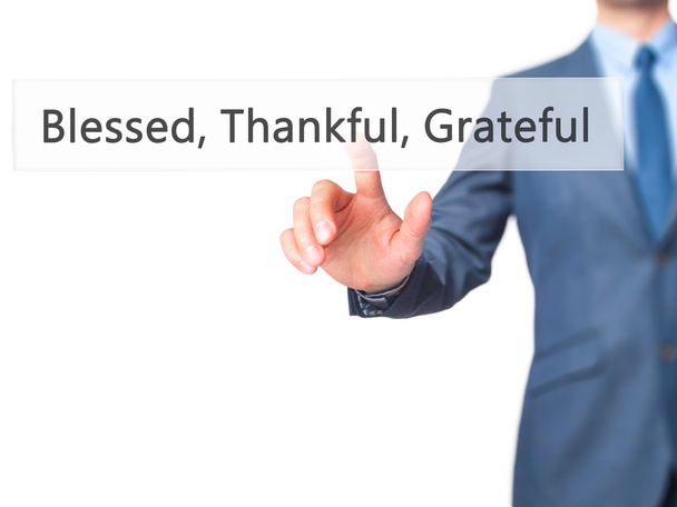 祝福感謝感謝 - vi上のビジネスマンの手のタッチボタン - 写真・画像