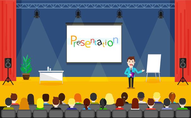 Seminar and Training vector illustration. Speaker in a suit with microphone standing near flipchart. Speaking to the audience concept. - Vector, Image
