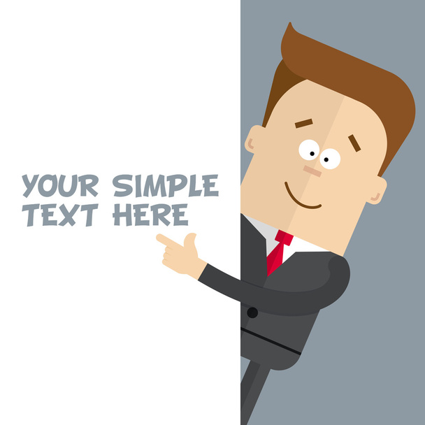 Ένας επιχειρηματίας ή ο διαχειριστής της ένα κοντινό πλάνο δείχνει την αφίσα όπου μπορείτε να τοποθετήσετε το κείμενο σας. Χαρακτήρας κινουμένων σχεδίων σε ένα επαγγελματικό κοστούμι. Ευτυχισμένος άνθρωπος σε μια επίπεδη στυλ. - Διάνυσμα, εικόνα