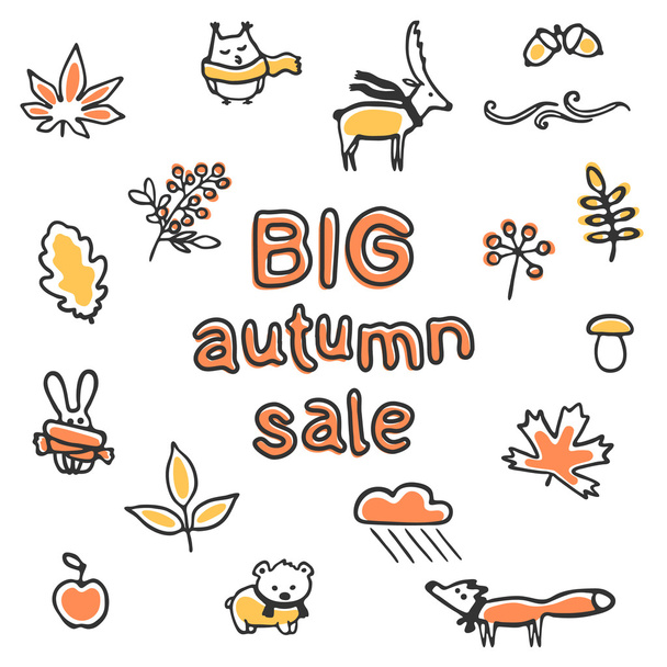Big autumn sale poster. Vector animals and plants - Vector, Image