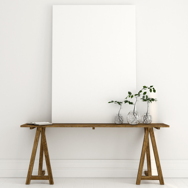 Parlak bir iç ahşap bir masa üzerinde beyaz bir tuval alay et - Fotoğraf, Görsel
