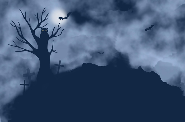Baum, Fledermaus, Eule und Mond in einer nebligen Nacht - Foto, Bild