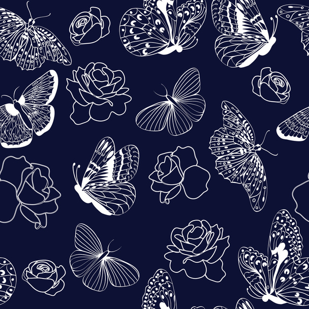 pattern butterflies and roses on dark blue background.  - Vector, imagen