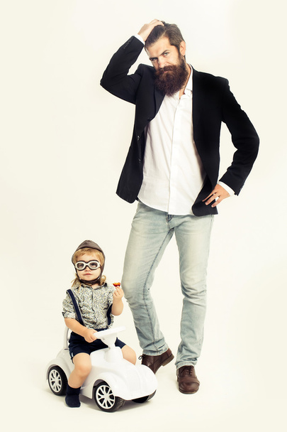 small boy driver or pilot and bearded father - Foto, Imagem