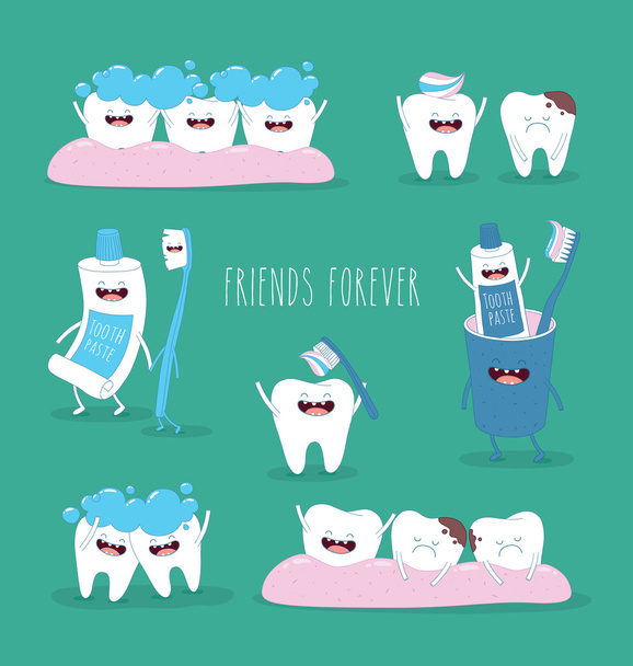 Funny teeth set consisting of toothpaste - Vector, Image