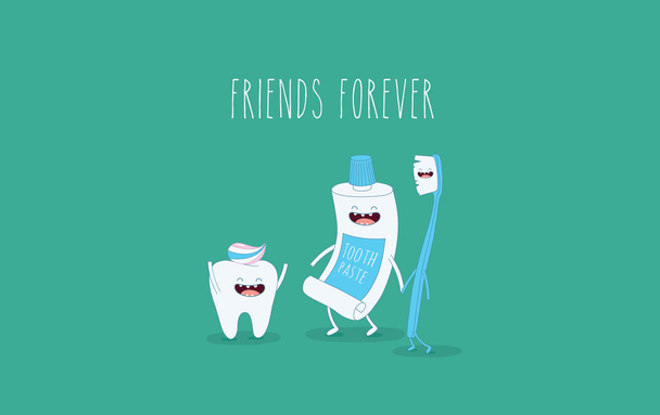Funny toothpaste, tooth and toothbrush - Vector, Image