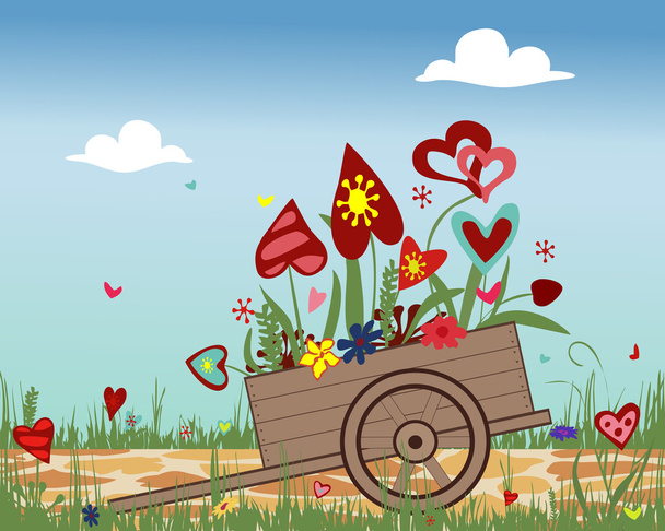 Handcart with blossoming hearts on sky background - ベクター画像