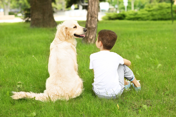 Small boy and dog in park - Foto, afbeelding